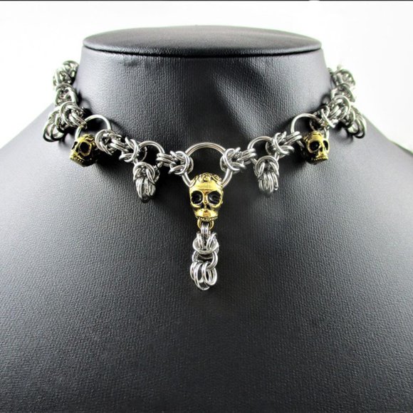 Gold Skulls Rose Silver Chain Maille Link Choker Boot Chain Rocker Goth Punk Fun - Picture 4 of 10